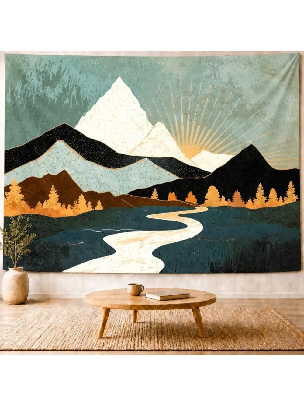 Boho Sunset Mountain Tapestry | Nature Forest Wall Hanging for Bedroom Decor